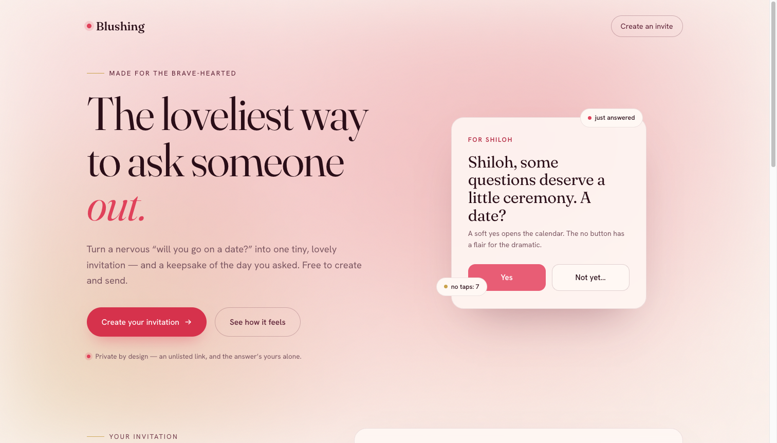 The Blushing landing page — 'The loveliest way to ask someone out' — with a preview of an invite showing the yes and no buttons